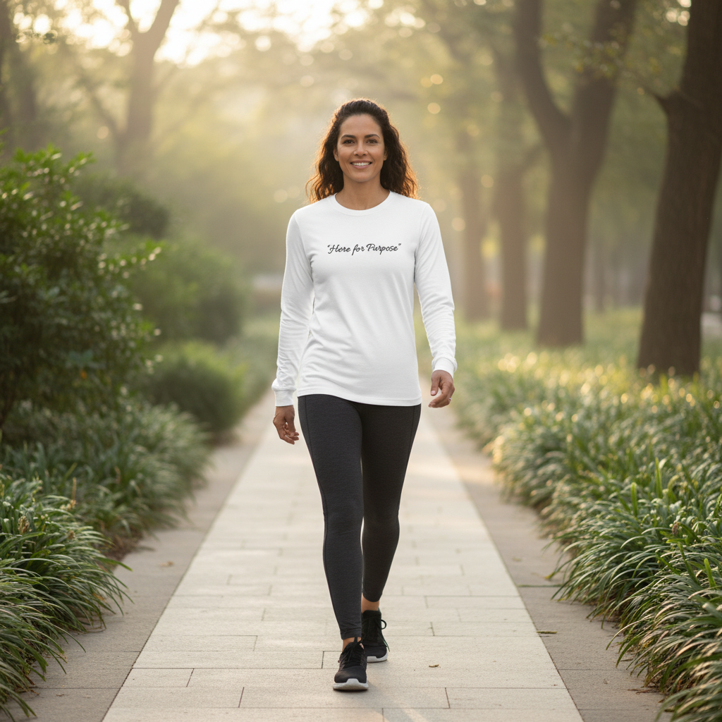 Woman wearing a white “Here for Purpose” long-sleeve shirt walking through a peaceful tree-lined park path.