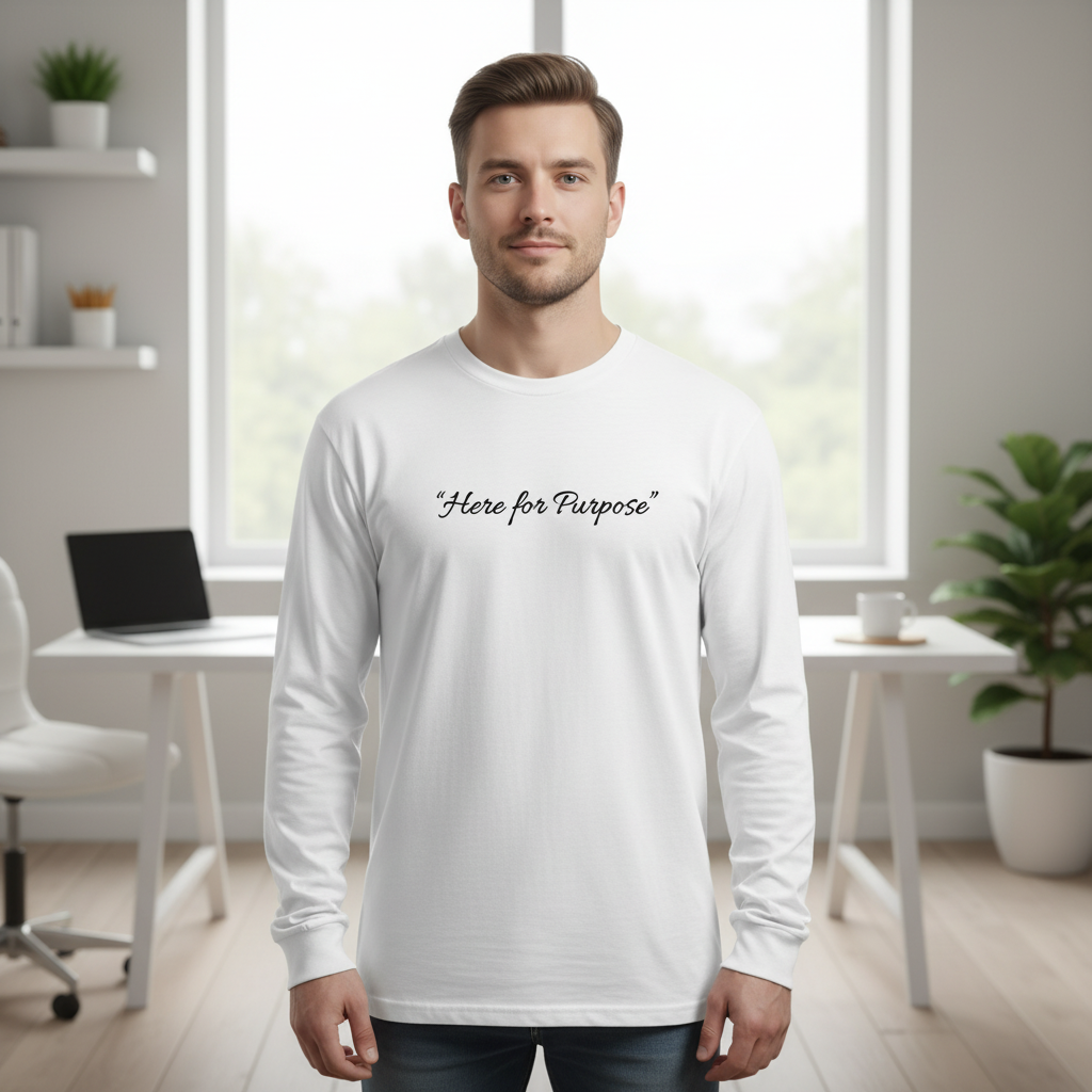 Man wearing a white Johny-T long-sleeve shirt with the inspirational front print “Here for Purpose” while standing in a bright home office.