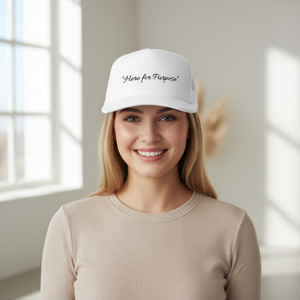 Smiling blonde female model wearing the Johny-T “Here for Purpose” white trucker hat in a bright indoor lifestyle setting.