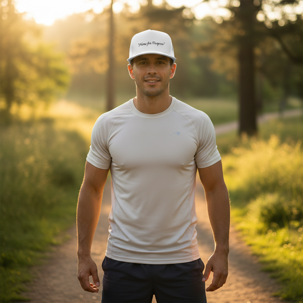 Fit male model wearing the Johny-T “Here for Purpose” white trucker hat during an outdoor walk in warm natural sunlight.