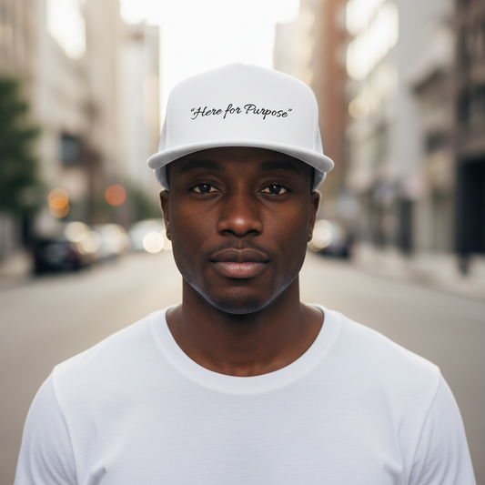 Black male model wearing the Johny-T “Here for Purpose” white trucker hat in an urban street setting, inspirational lifestyle mockup.