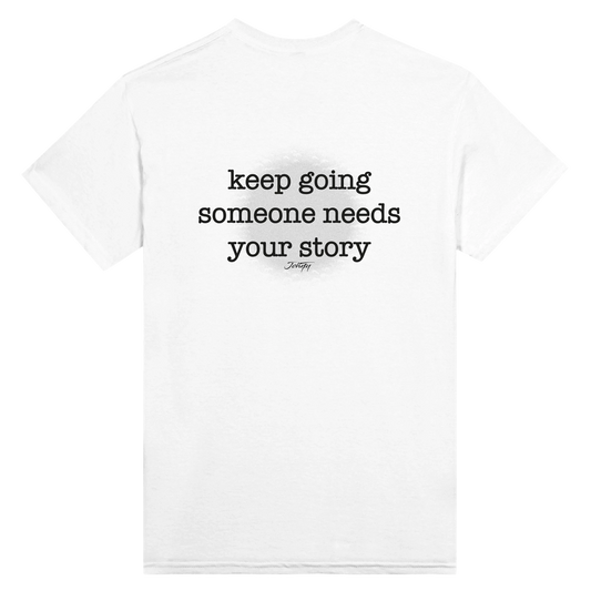 White T-shirt with the motivational quote “Here for Purpose” written in elegant script on the front, symbolizing intention, meaning, and self-worth. A minimalist inspirational fashion statement promoting positivity and drive.