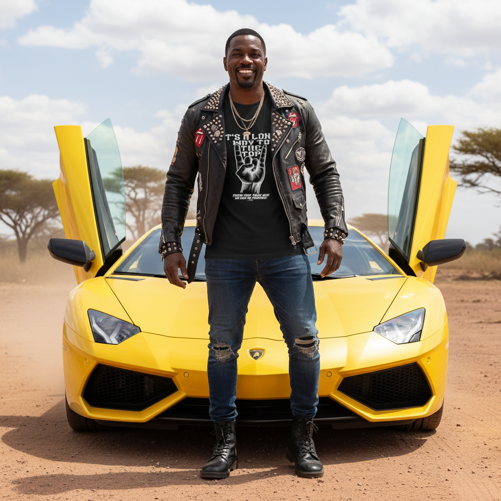 Man wearing an “It’s a long way to the top” rock hand T-shirt standing in front of a yellow supercar with doors open in an outdoor desert setting.