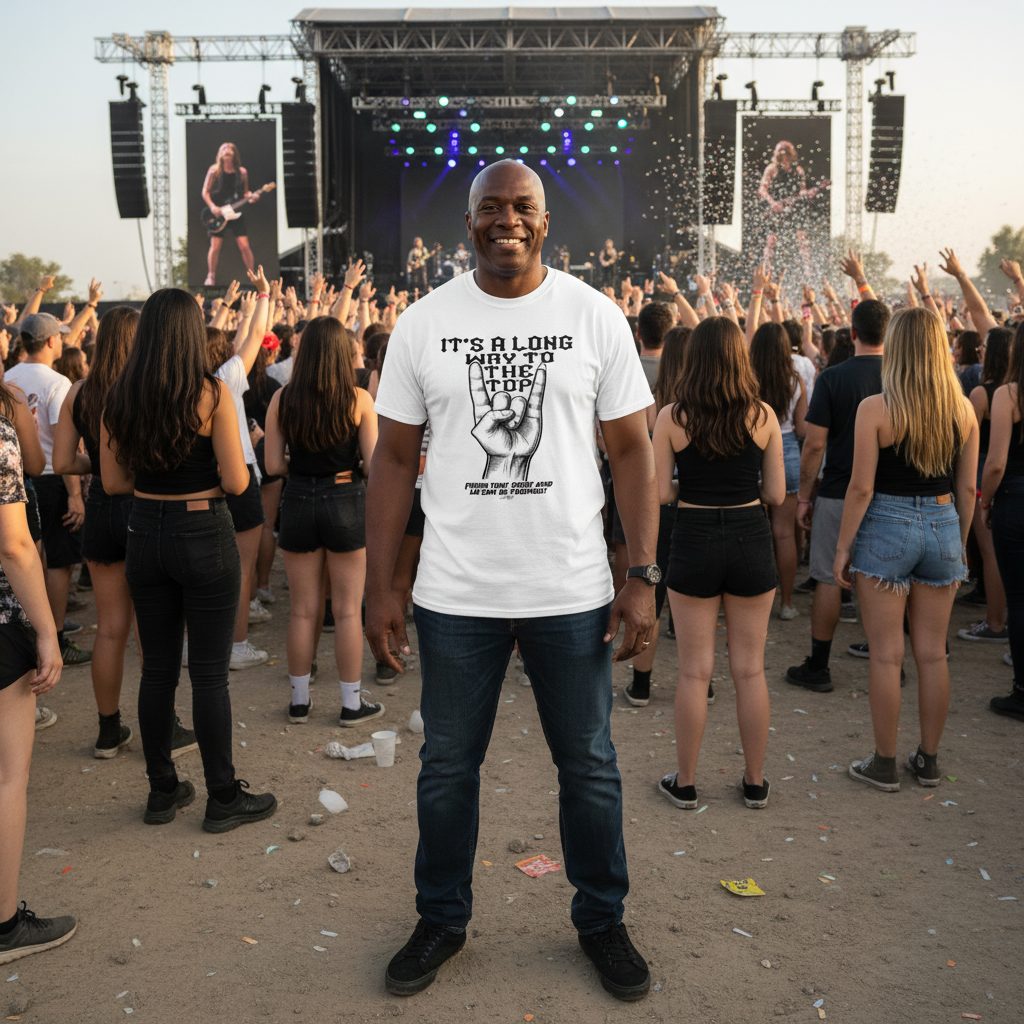 Man wearing an “It’s a long way to the top” rock hand T-shirt standing in a crowd at an outdoor concert.