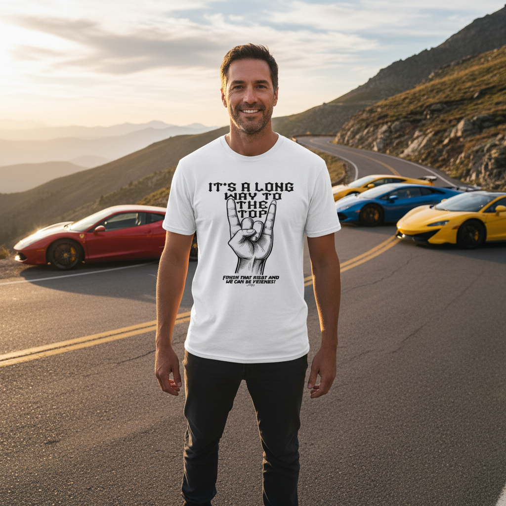Man wearing an “It’s a long way to the top” rock hand T-shirt standing on a mountain road with colorful supercars behind him.