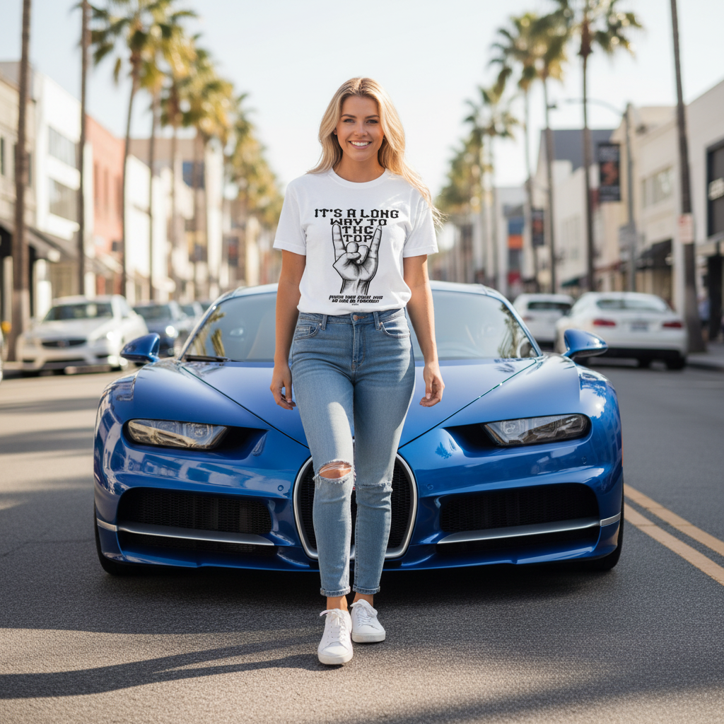 Woman wearing an “It’s a long way to the top” rock hand T-shirt standing in front of a blue supercar on a palm-lined street.