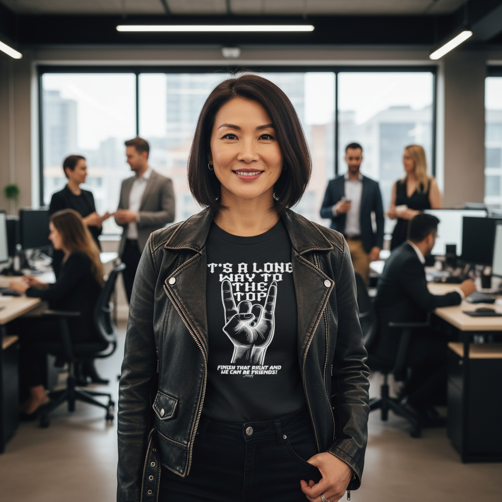 Woman wearing an “It’s a long way to the top” rock hand T-shirt standing in a modern office with coworkers in the background.