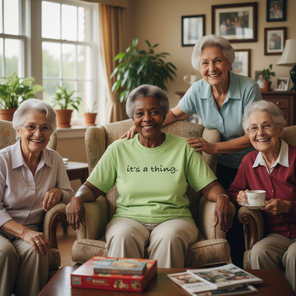 Smiling elderly woman wearing a lime green “it’s a thing.” T-shirt while sitting with friends in a cozy living room, enjoying tea and conversation — cheerful, comfortable lifestyle scene promoting positivity and connection.