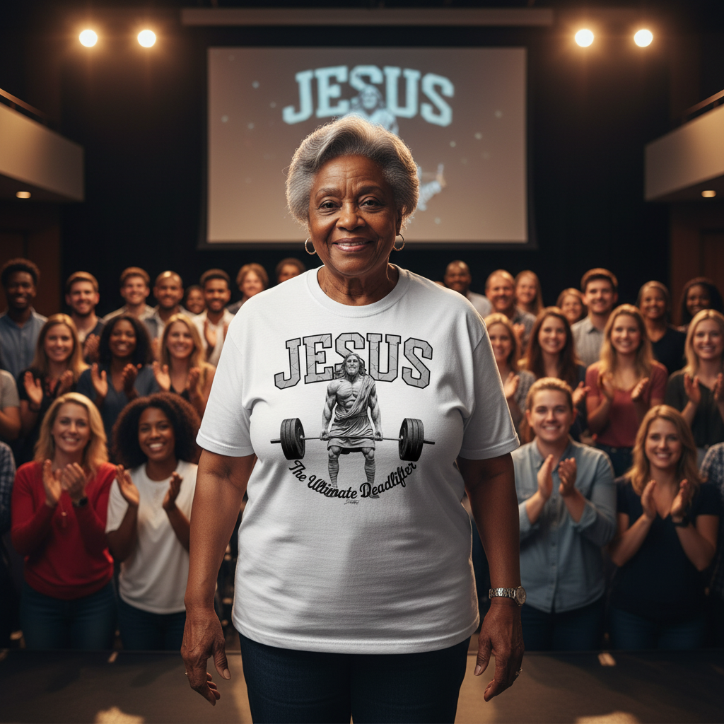 Older woman wearing a Jesus “The Ultimate Deadlifter” T-shirt standing in front of a smiling applauding group in a church-style setting.