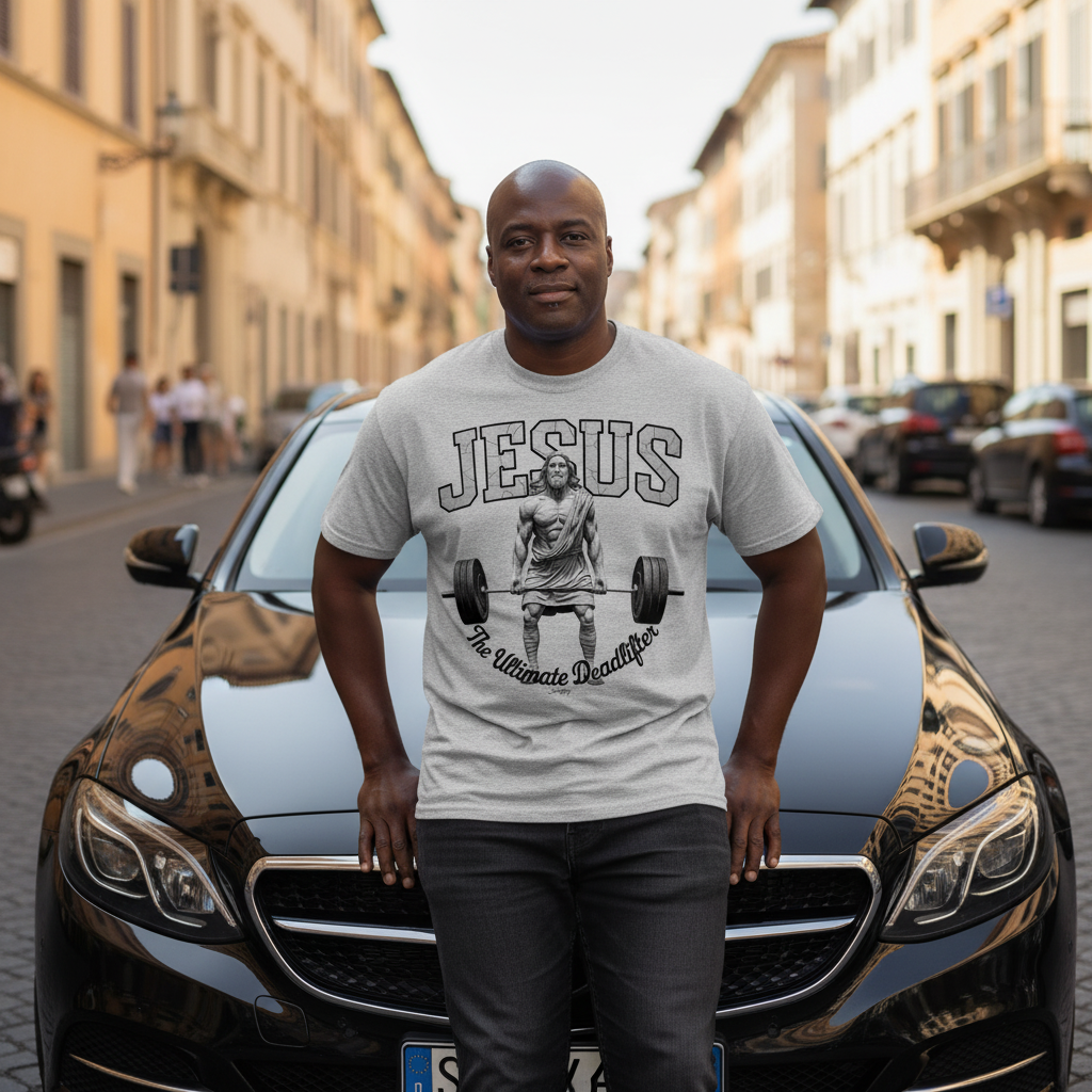Man wearing a Jesus “The Ultimate Deadlifter” T-shirt standing in front of a car on a city street.