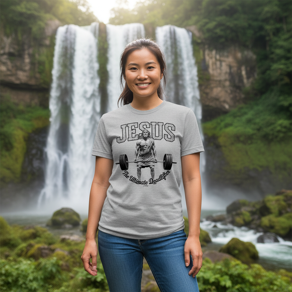 Woman standing outdoors by a large waterfall wearing a Jesus “The Ultimate Deadlifter” T-shirt.