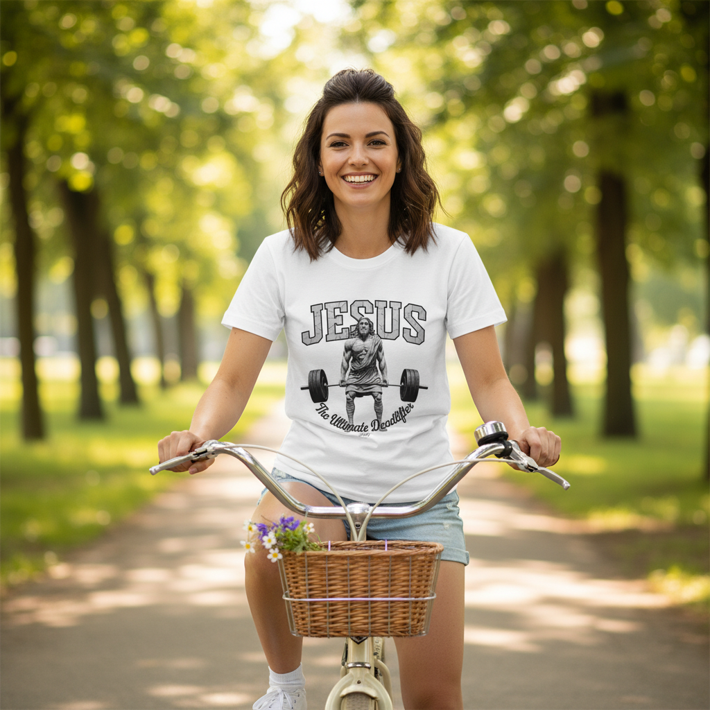 Woman riding a bicycle in a park while wearing a Jesus “The Ultimate Deadlifter” T-shirt.