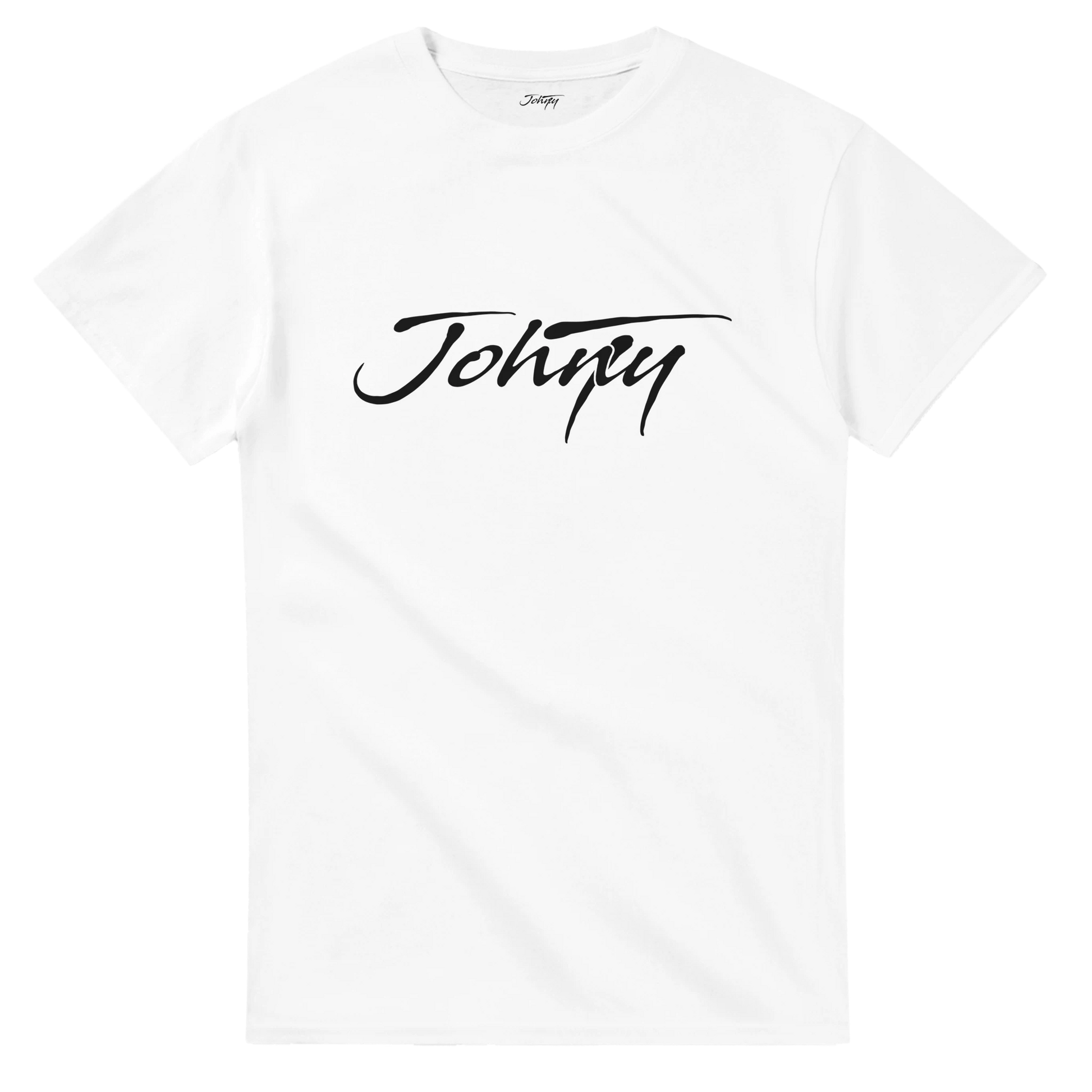 White T-shirt featuring the Johny-T signature logo in black script.