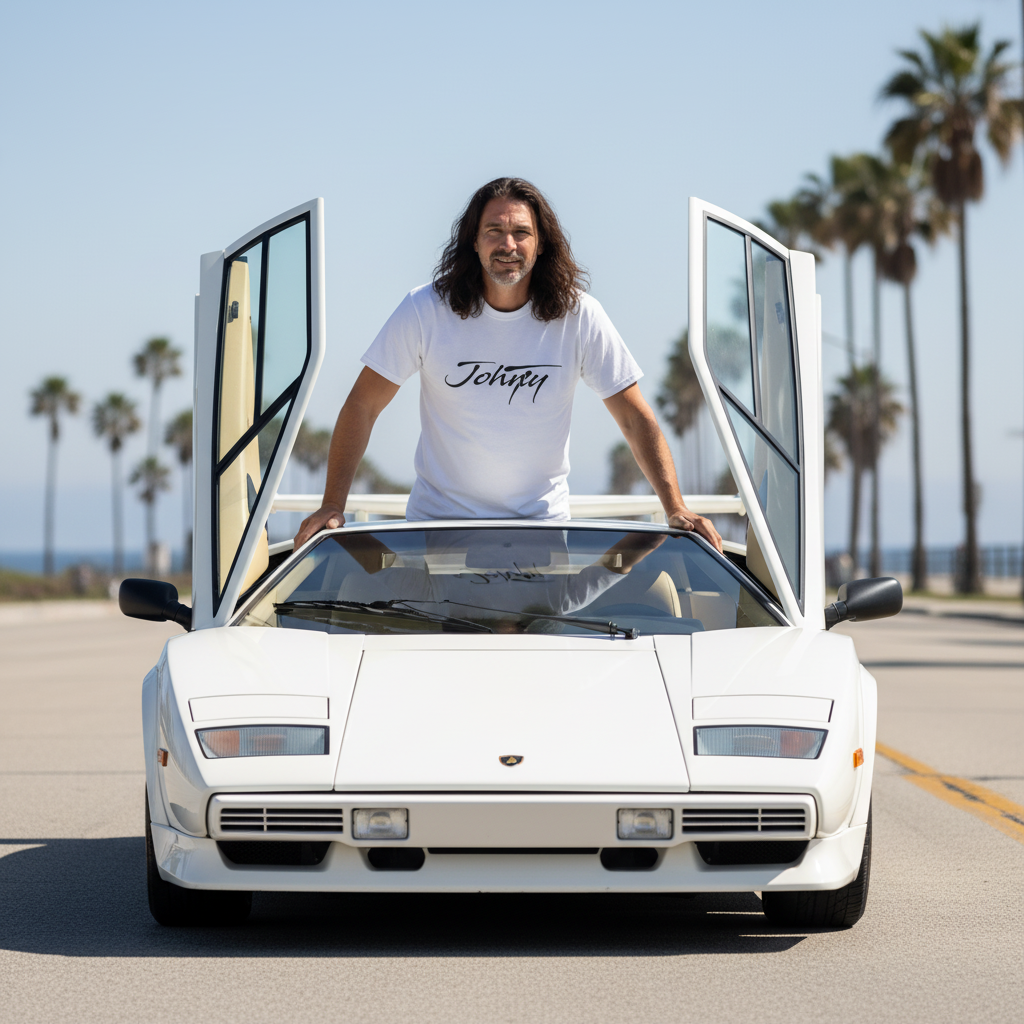 Man wearing a Johny-T logo T-shirt standing in a white sports car with doors open on a sunny palm-lined street.