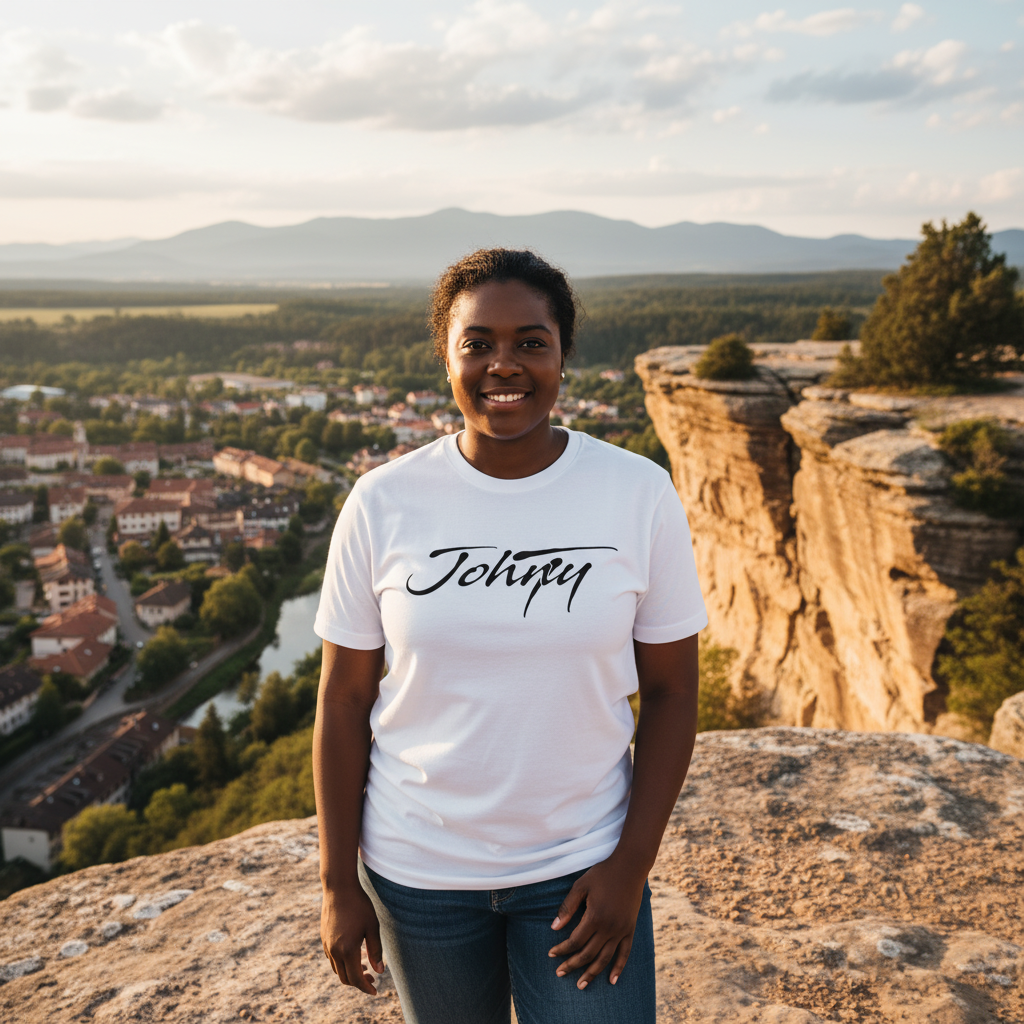 Woman wearing a Johny-T logo T-shirt standing on a scenic cliff overlooking a town and mountains at sunset.