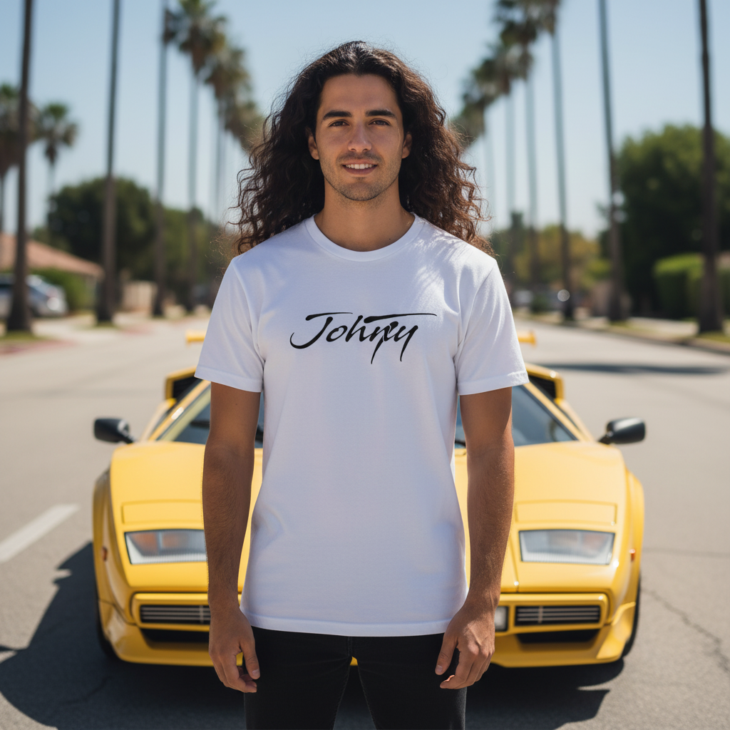 Man wearing a Johny-T logo T-shirt standing in front of a yellow sports car on a sunny palm-lined street.