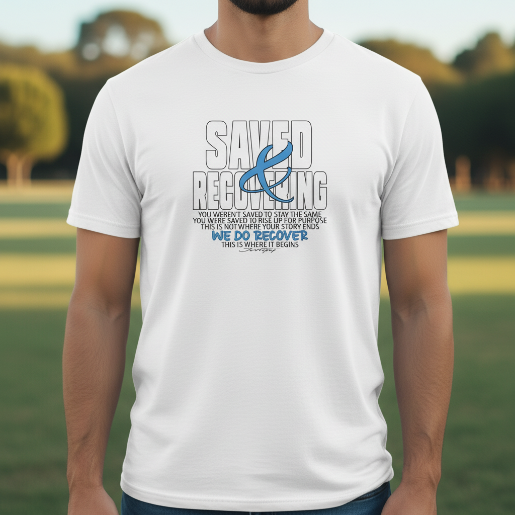 Johny-T “Saved & Recovering” inspirational recovery T-shirt in white shown in an outdoor lifestyle mockup worn by a model.