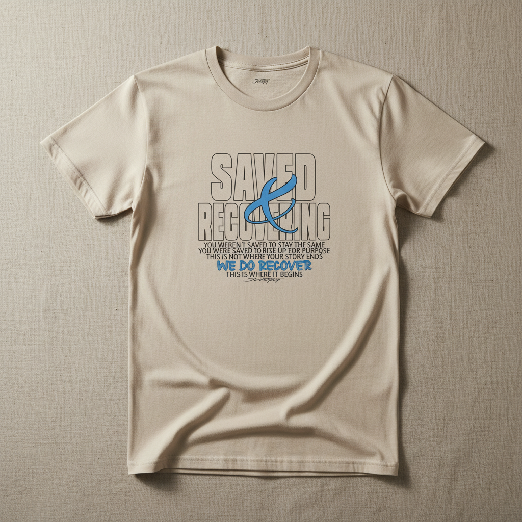 Johny-T “Saved & Recovering” inspirational recovery T-shirt in the Daisy color displayed in a clean high-resolution studio flatlay mockup.