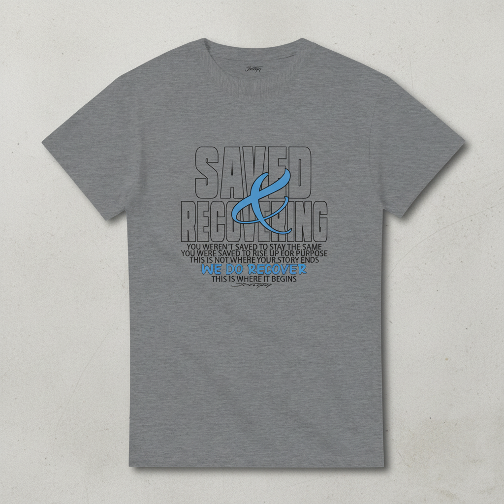 Johny-T “Saved & Recovering” inspirational recovery T-shirt in Sport Grey displayed in a clean high-resolution studio flatlay mockup.