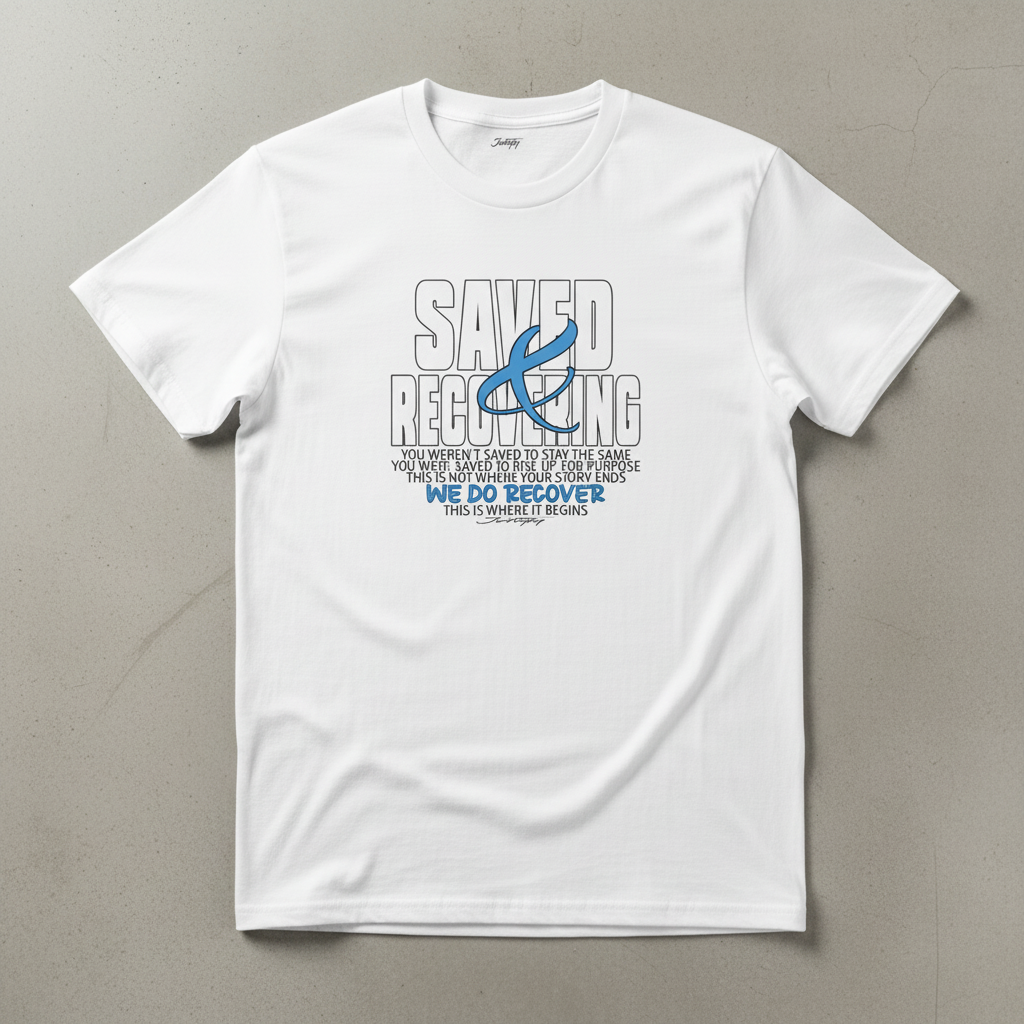 Johny-T “Saved & Recovering” inspirational recovery T-shirt in white displayed in a clean high-resolution studio flatlay mockup.
