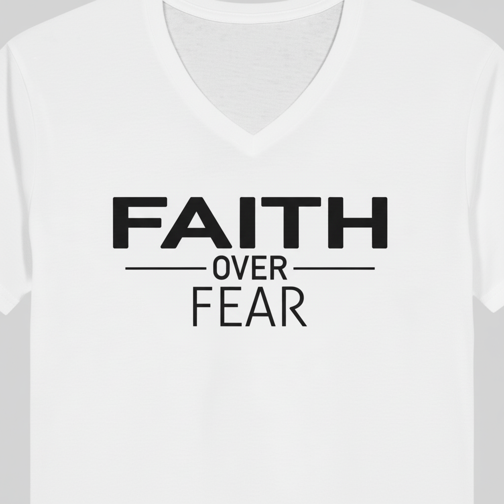 Close up of Faith Over Fear text design on white JohnT v neck t shirt showing print detail