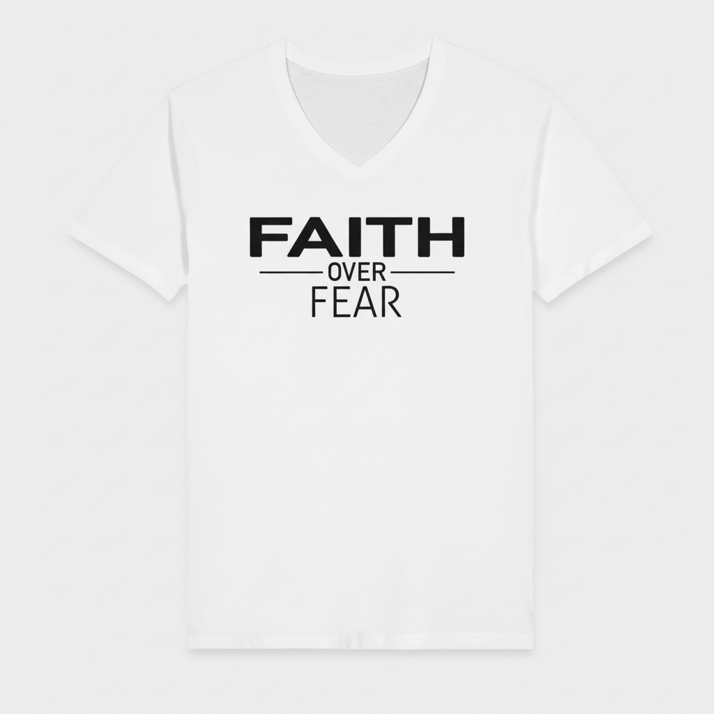 JohnT Faith Over Fear white v neck t shirt with bold minimalist Christian typography front view