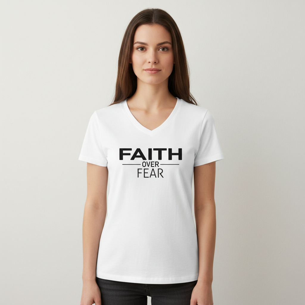 Woman wearing white JohnT Faith Over Fear v neck t shirt showing inspirational Christian typography design