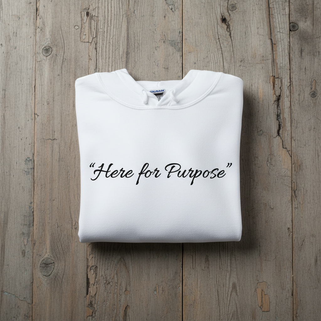 JohnyT Here for Purpose script text on white hoodie folded lay flat on rustic wood background inspirational apparel