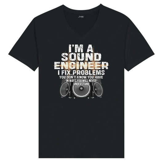JohnyT sound engineer t-shirt with distressed text reading I’m a sound engineer I fix problems you don’t know you have and speaker graphic on black shirt