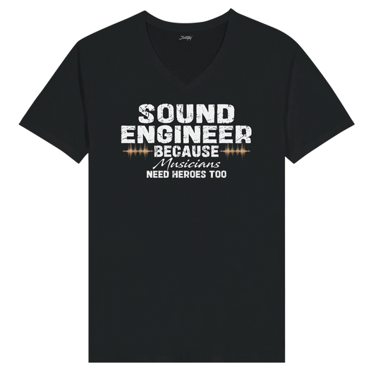 JohnyT sound engineer v neck t shirt with distressed text reading sound engineer because musicians need heroes too on black shirt