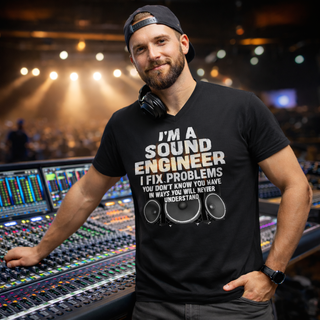 JohnyT sound engineer v neck t shirt worn by audio engineer standing beside a large digital mixing board in a concert venue