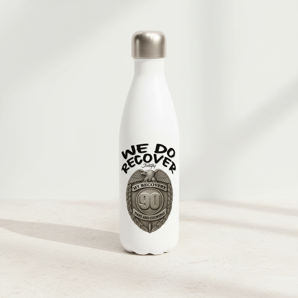 JohnyT We Do Recover 90 Days stainless steel water bottle displayed on light stone surface with soft natural lighting