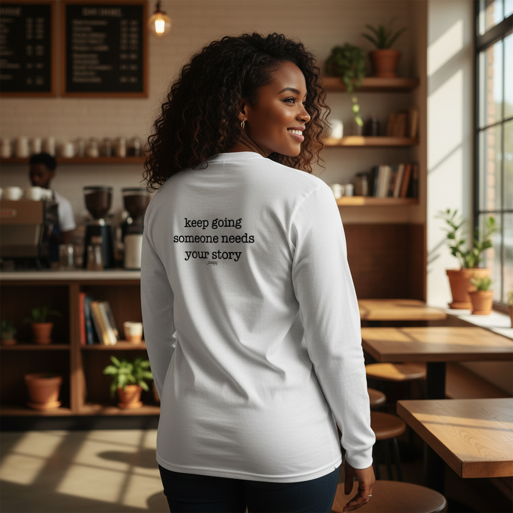 Woman in a cozy café wearing a white long-sleeve shirt with the motivational text “keep going someone needs your story” printed on the back.