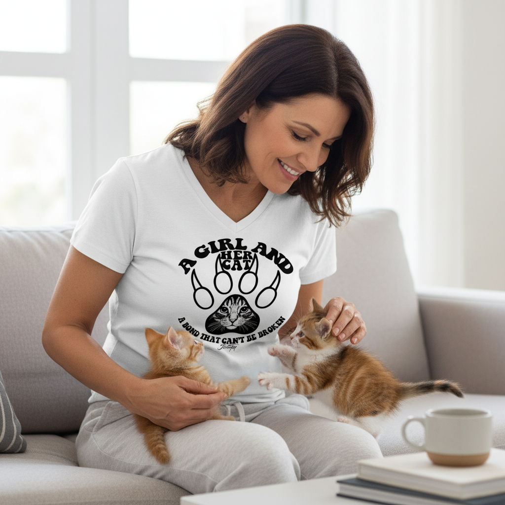 “Smiling woman wearing white V-neck ‘A Girl and Her Cat’ T-shirt while playing with two adorable kittens on a cozy sofa.”