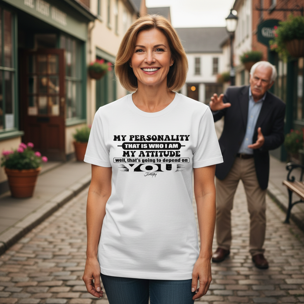 “Smiling woman wearing white ‘My Personality My Attitude’ T-shirt walking down a cobblestone street with a man playfully gesturing in the background.”