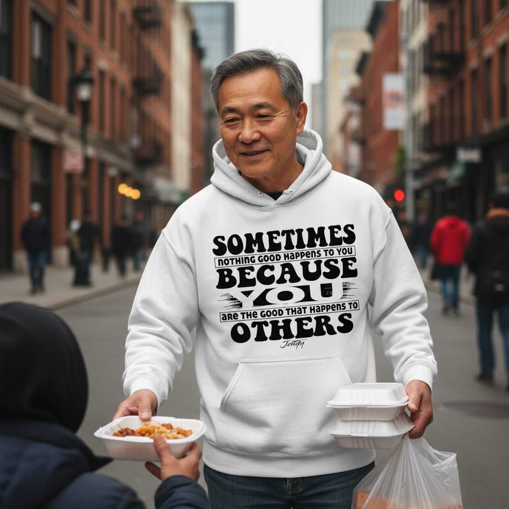 “Man wearing white ‘Sometimes nothing good happens to you because you are the good that happens to others’ hoodie while handing out food on a city street.”