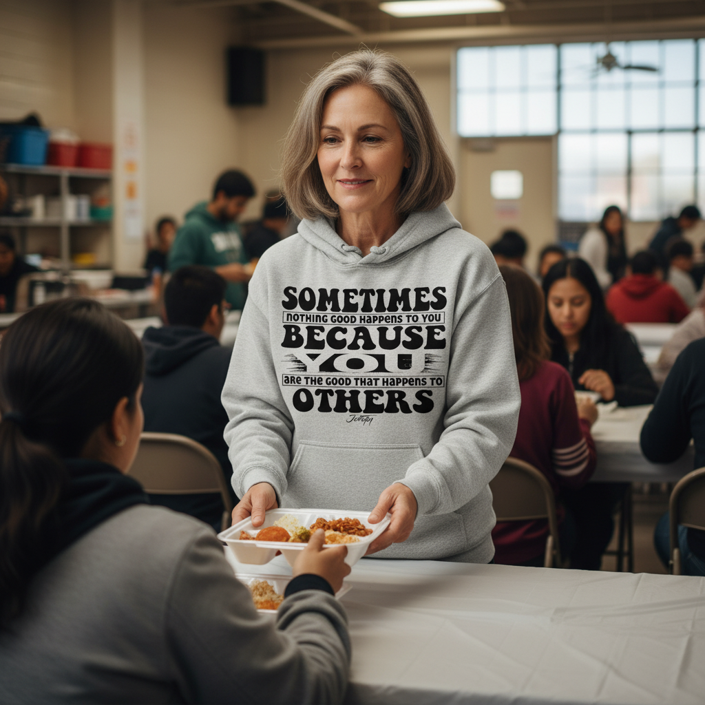 “Woman wearing light gray ‘Sometimes nothing good happens to you because you are the good that happens to others’ hoodie serving food at a community center.”