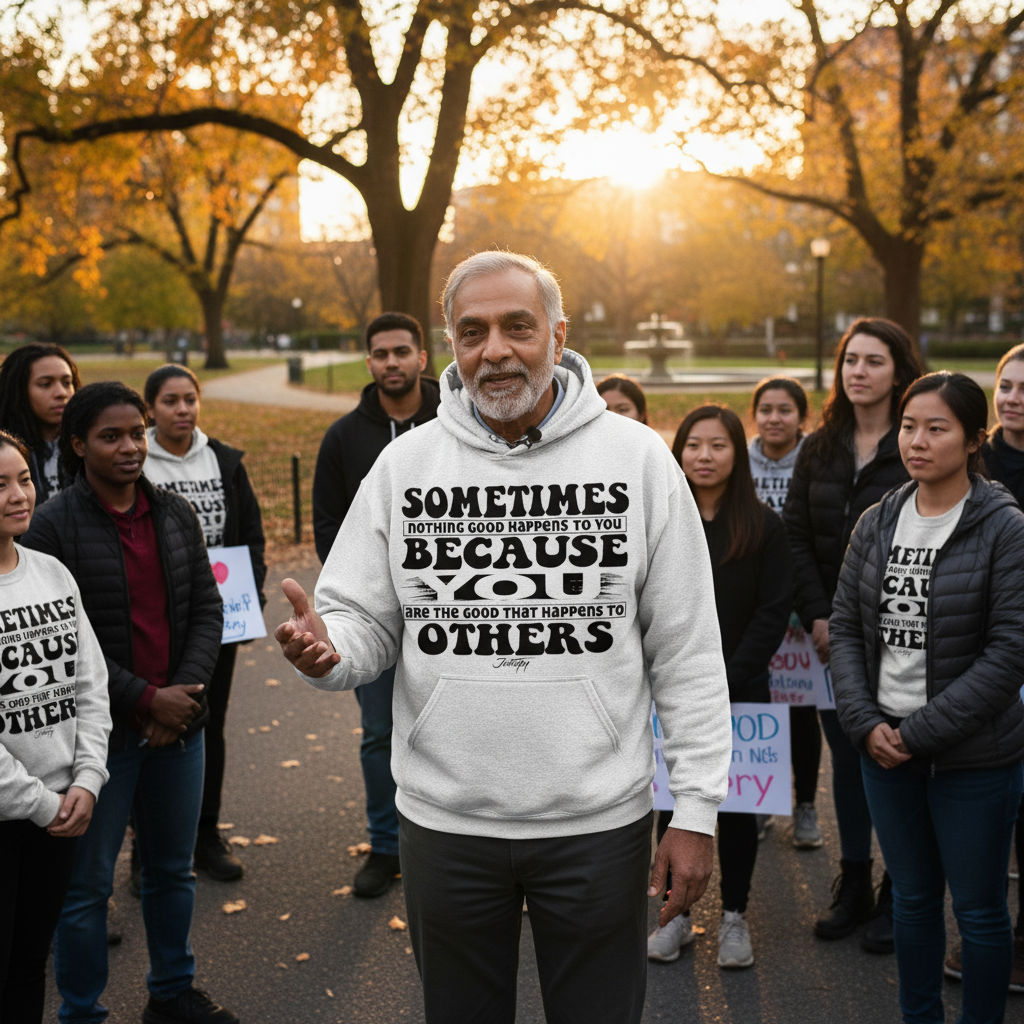 “Man wearing light gray ‘Sometimes nothing good happens to you because you are the good that happens to others’ hoodie speaking to a group of people outdoors during a community event.”