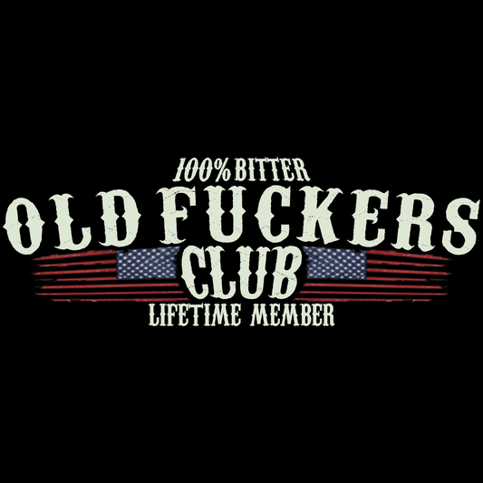 JohnT graphic T-shirt design featuring the text “100% Bitter Old Fuckers Club Lifetime Member” with a distressed American flag on a dark background