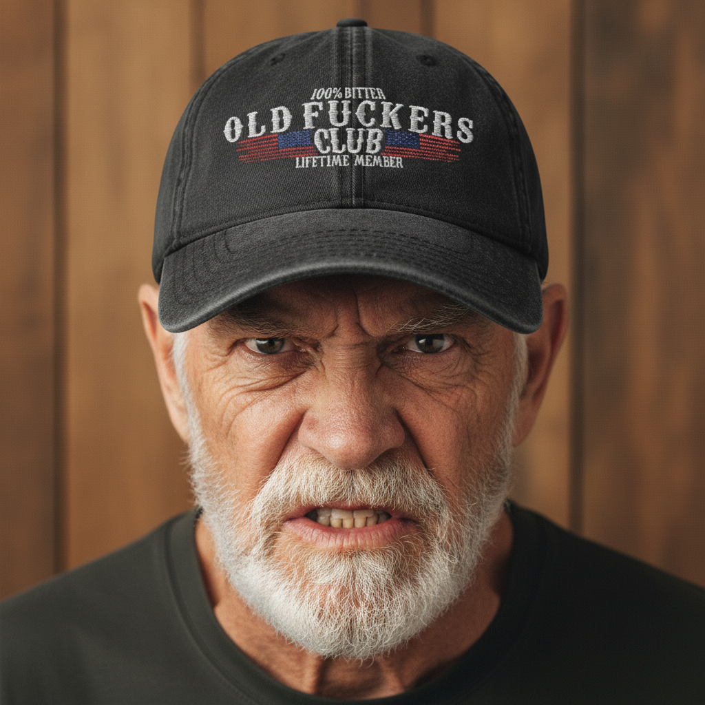 Older bearded man wearing Old Fuckers Club lifetime member dad hat in a wood-paneled setting, showcasing embroidered design for Johny-T apparel