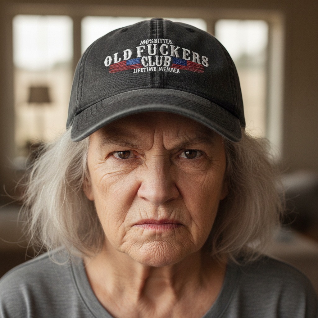 Older woman wearing Old Fuckers Club lifetime member dad hat in an indoor setting, showcasing embroidered design for Johny-T apparel