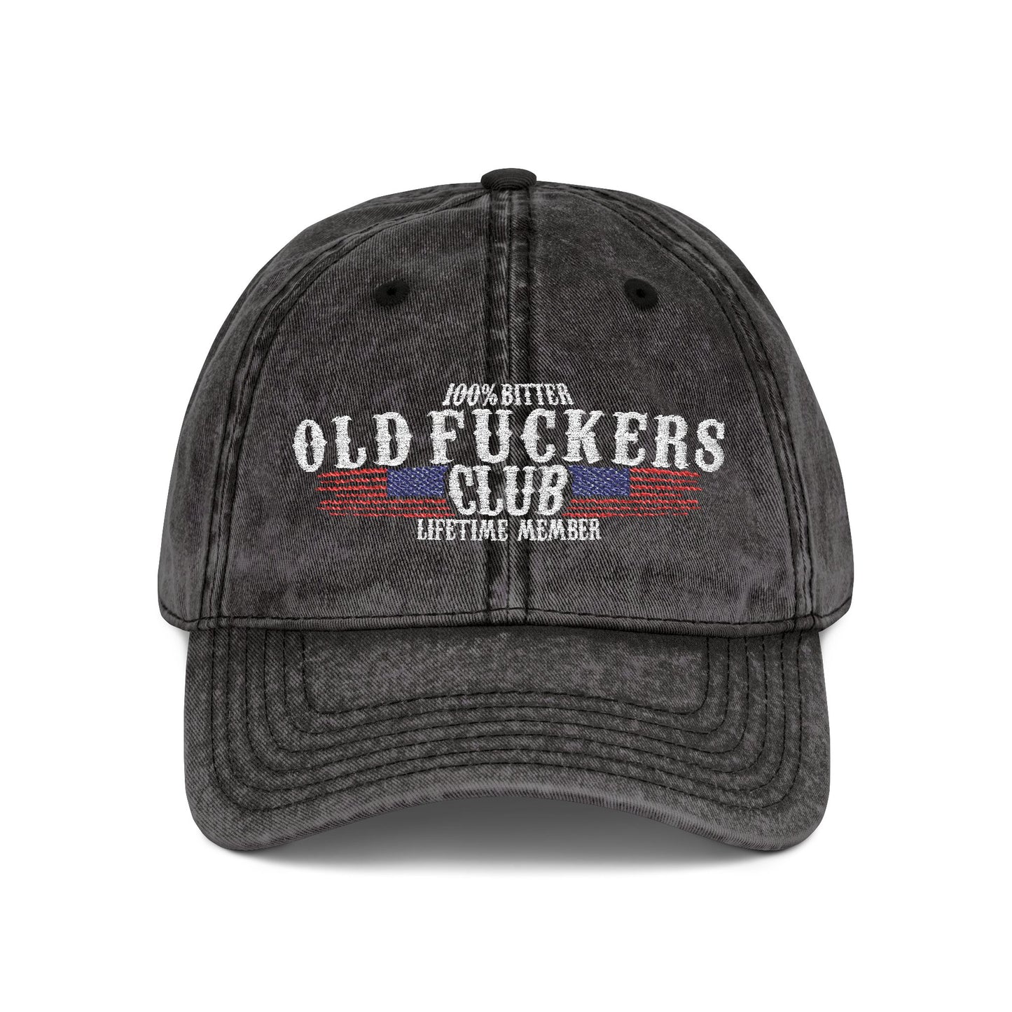 Old Fuckers Club distressed black dad hat with embroidered lifetime member design by Johny-T