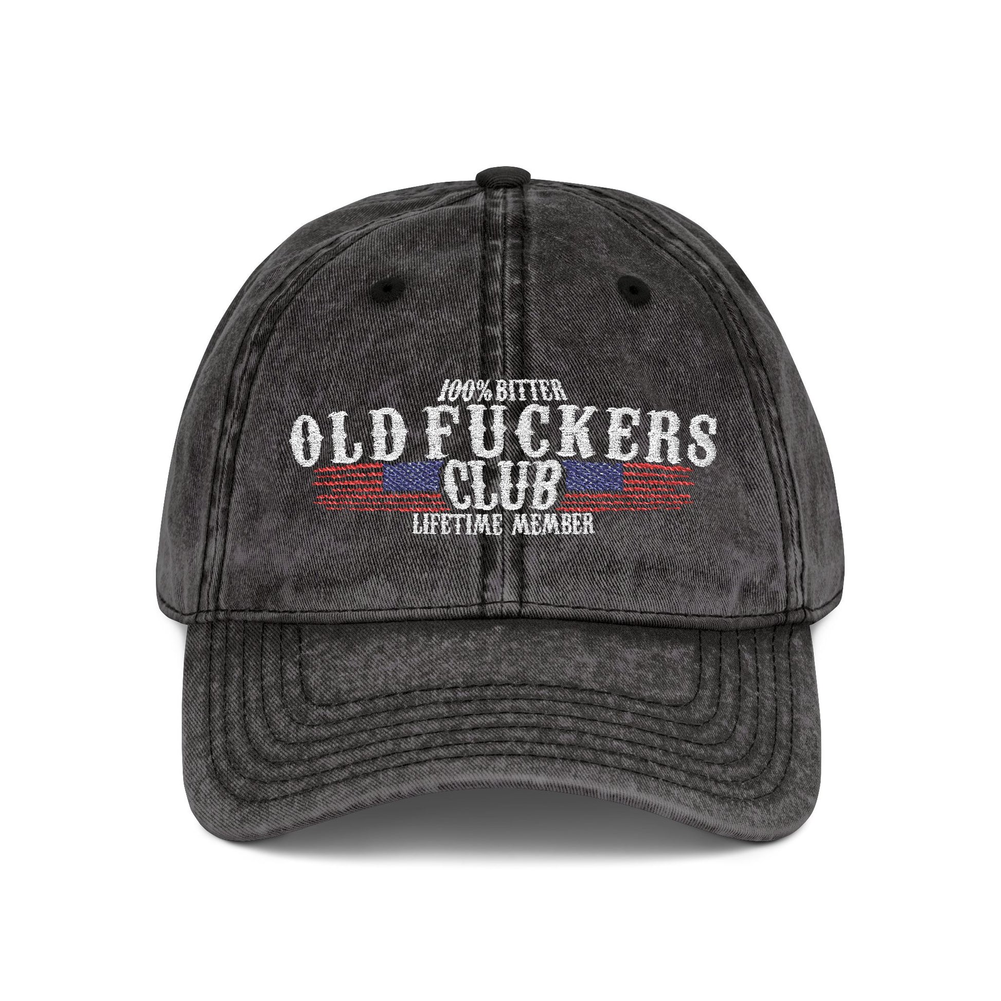 Old Fuckers Club distressed black dad hat with embroidered lifetime member design by Johny-T