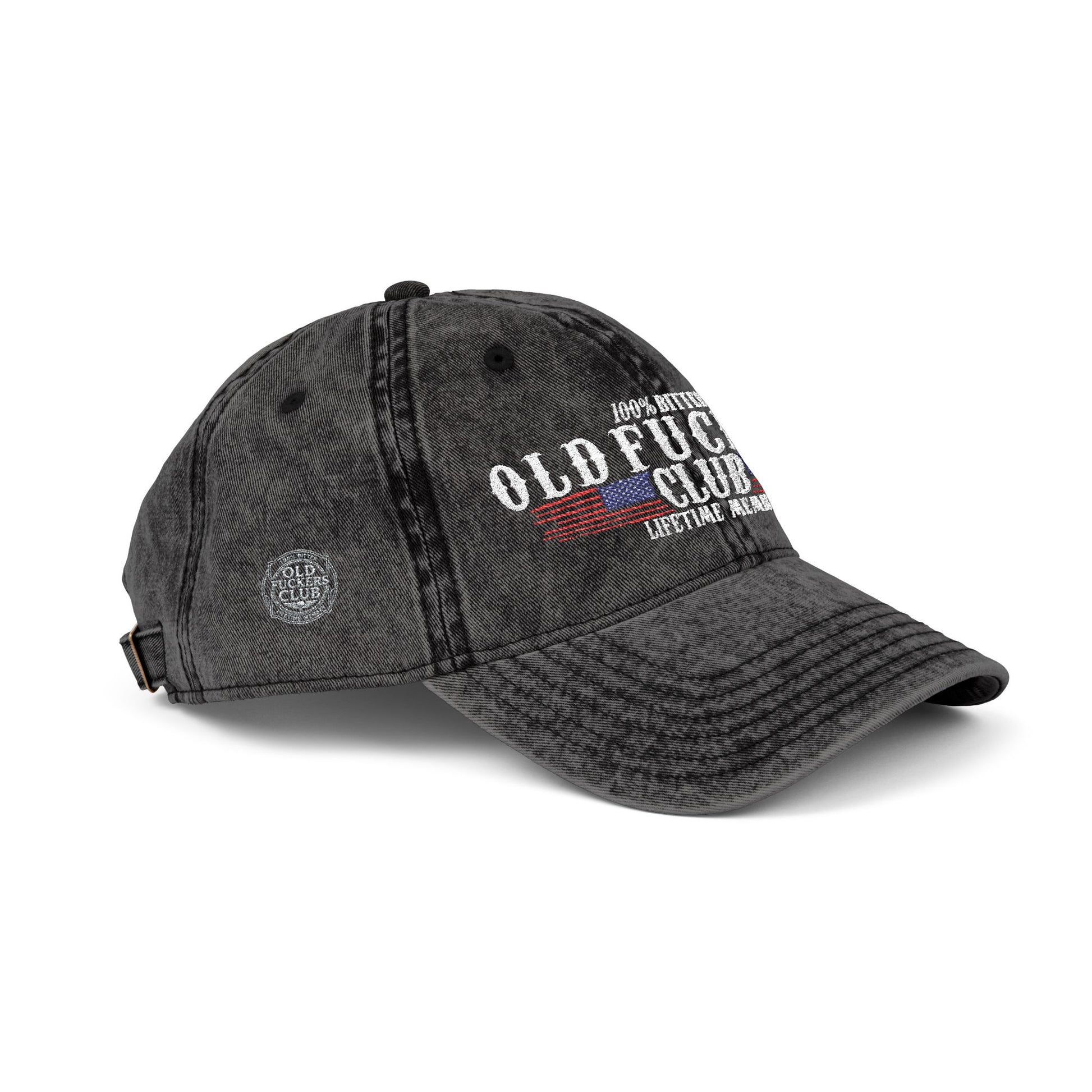 Old Fuckers Club distressed dad hat shown from side angle with embroidered lifetime member design, Johny-T apparel