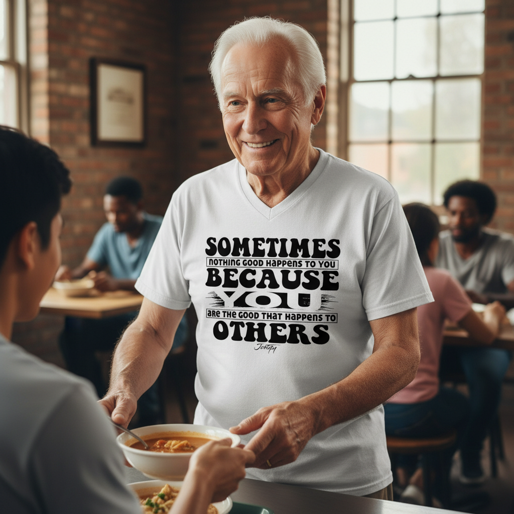 Older man smiling while serving food at a community kitchen, wearing a white V-neck T-shirt with the motivational quote “Sometimes nothing good happens to you because you are the good that happens to others” by Johny — inspirational kindness and giving design.