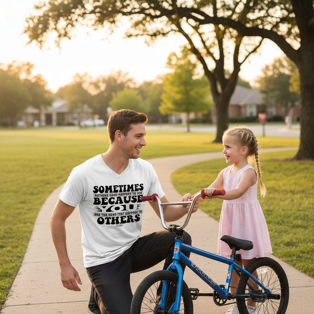 Man wearing a white V-neck T-shirt with the motivational quote “Sometimes nothing good happens to you because you are the good that happens to others,” kneeling beside a young girl learning to ride a bike in a park at sunset.