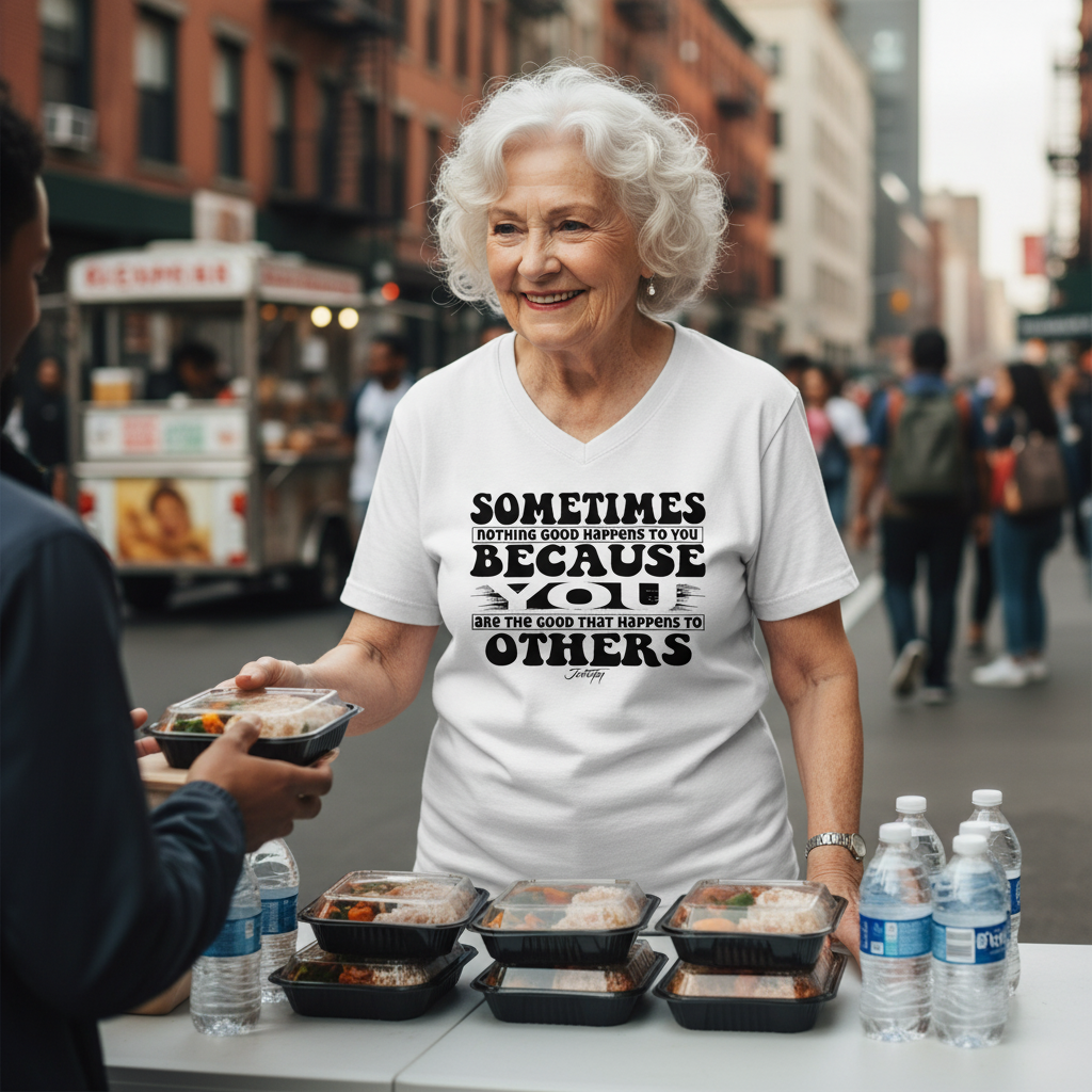 Smiling elderly woman serving food at a community event while wearing a white V-neck T-shirt with the quote “Sometimes nothing good happens to you because you are the good that happens to others.”