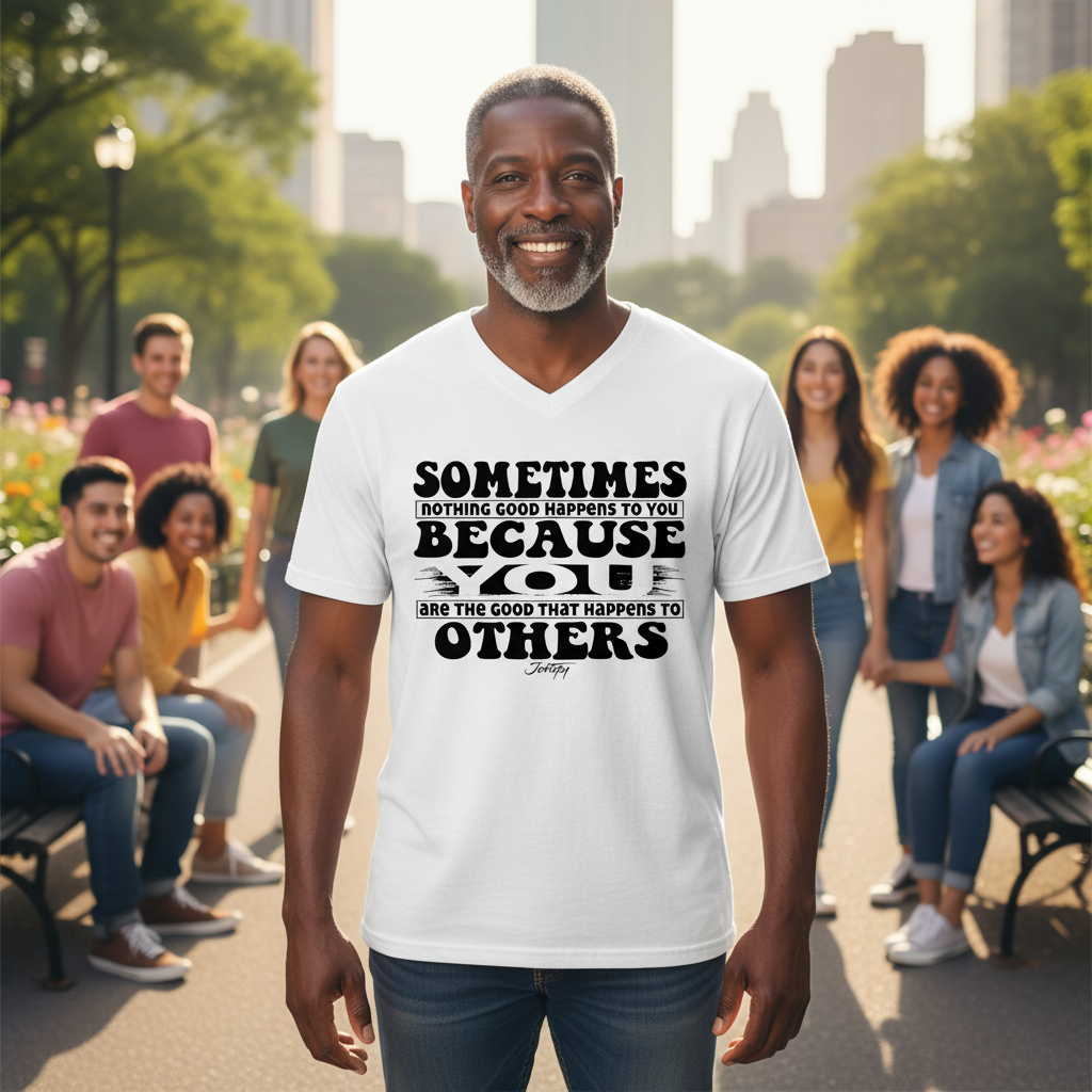 Smiling man wearing a white V-neck T-shirt with the motivational quote “Sometimes nothing good happens to you because you are the good that happens to others,” standing outdoors with friends in a sunny park setting.