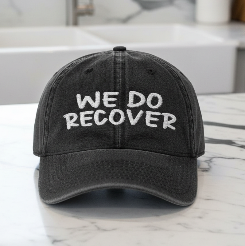 Black We Do Recover dad hat displayed on a marble countertop in a lifestyle kitchen setting, embroidered recovery message, Johny-T apparel
