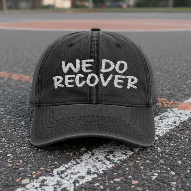 Black We Do Recover dad hat placed on outdoor pavement with bold white embroidered text, lifestyle mockup for Johny-T apparel